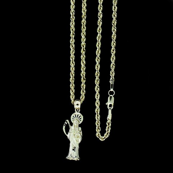 10K Real Gold Rope Chain and Santa Muerte Grim Reaper Pendant Set - Picture 1 of 9